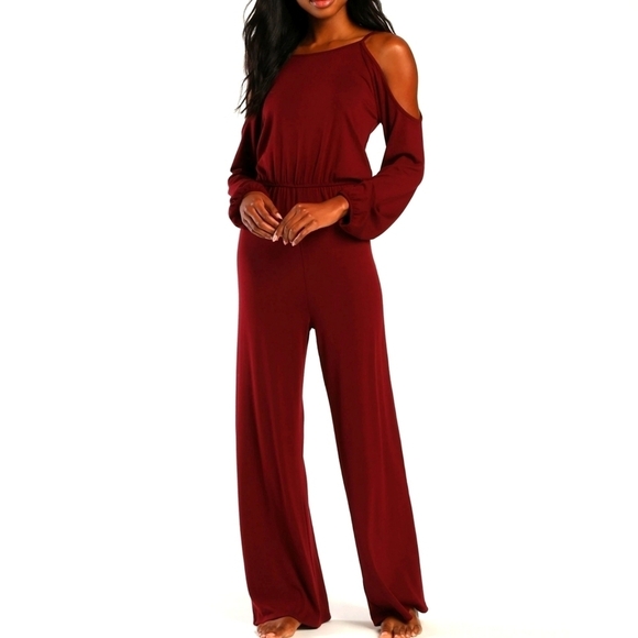 LULUS Looking to Snuggle Burgundy Cold Shoulder Lounge Jumpsuit XS - Picture 1 of 9